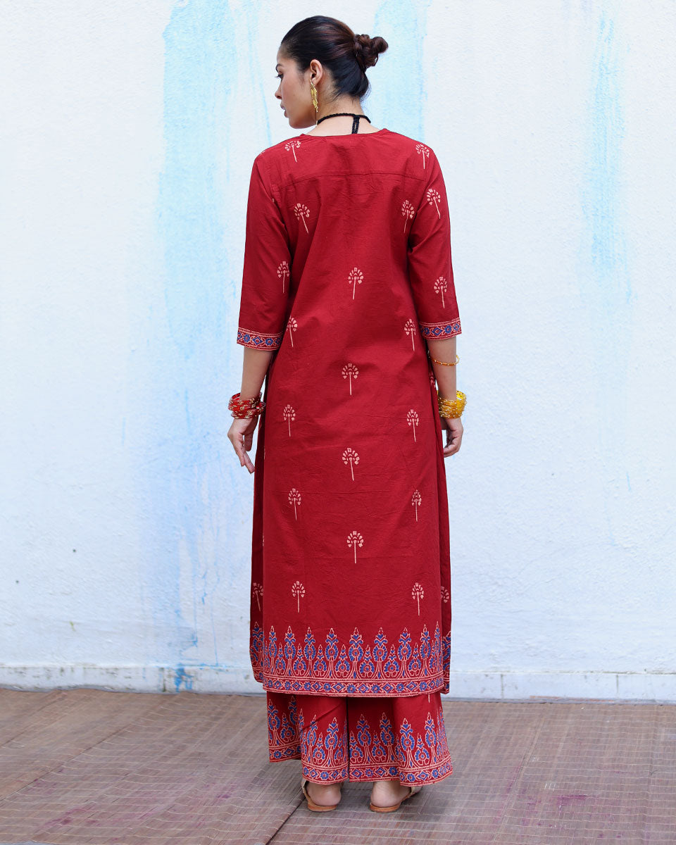 Anjuman Red Handblock Print Cotton Kurta Set - RSH