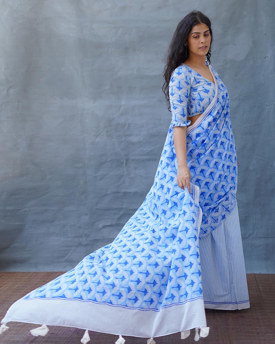 Maya Blue Hand Block Printed Saree-BAD