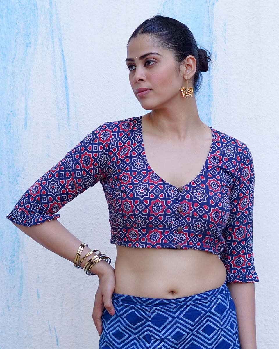 Carefree Hours Indigo Blue Hand Block Printed Cotton Blouse - UMT