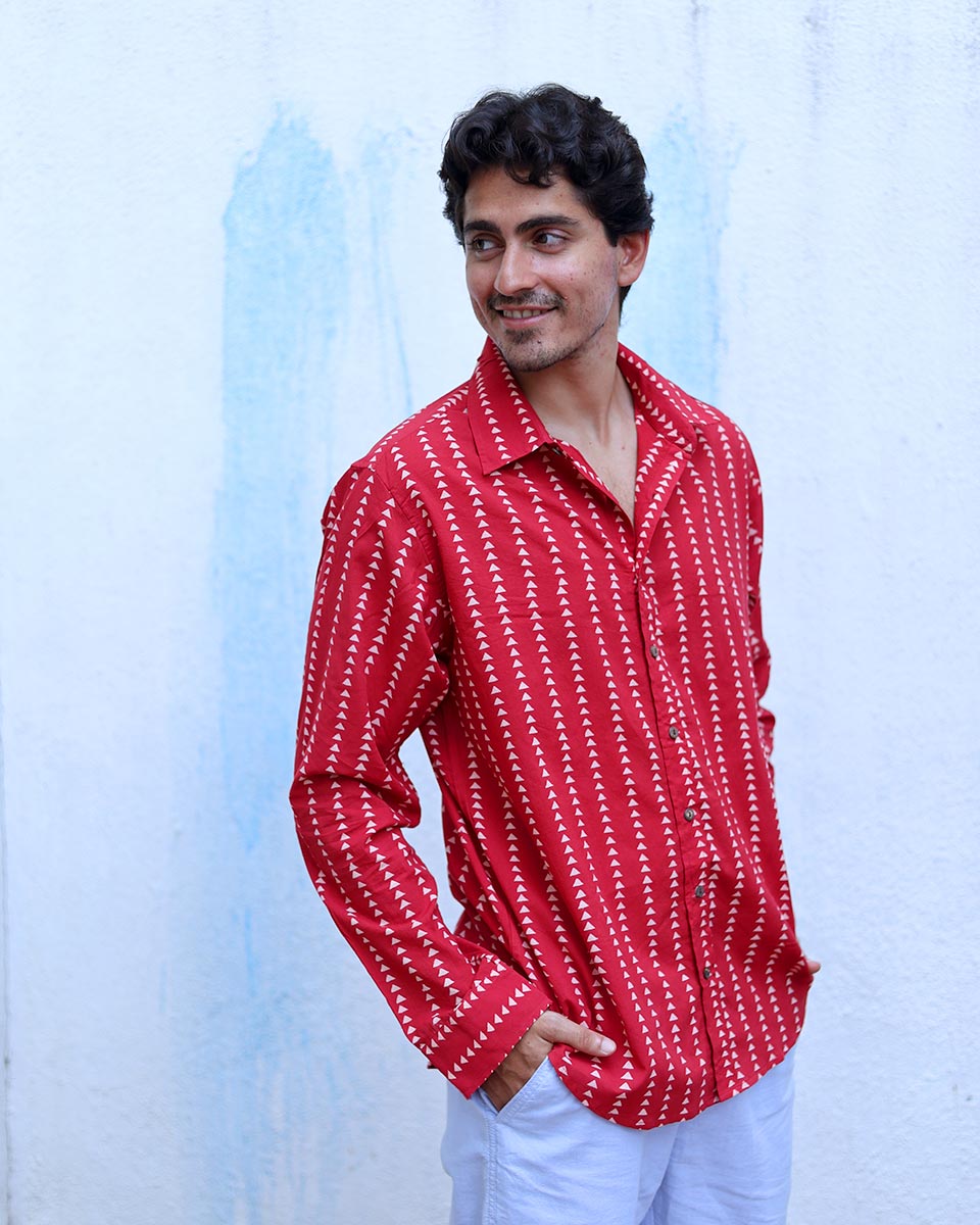 Raahi Red Hand Block Print Cotton Shirt -TOF