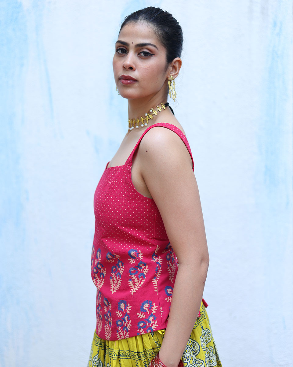 Aftabi Pink Handblock Print Cotton Top - RSH