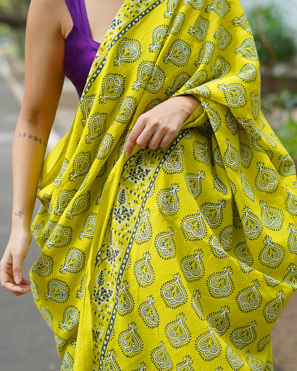 Kaccha Aam Toffee Yellow Handblock Print Cotton Saree - PBC