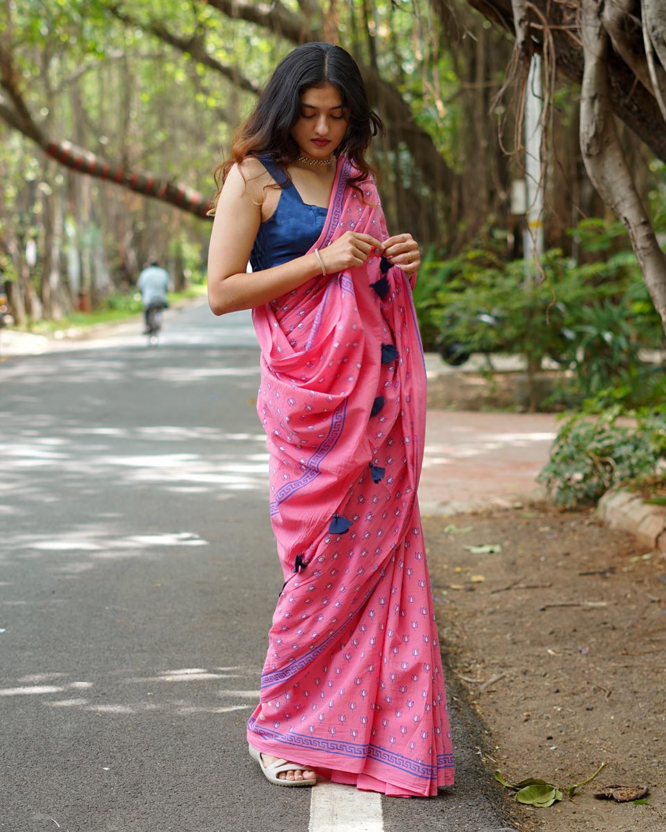 Rose Rabdi Pink Handblock Print Cotton Saree - PBC
