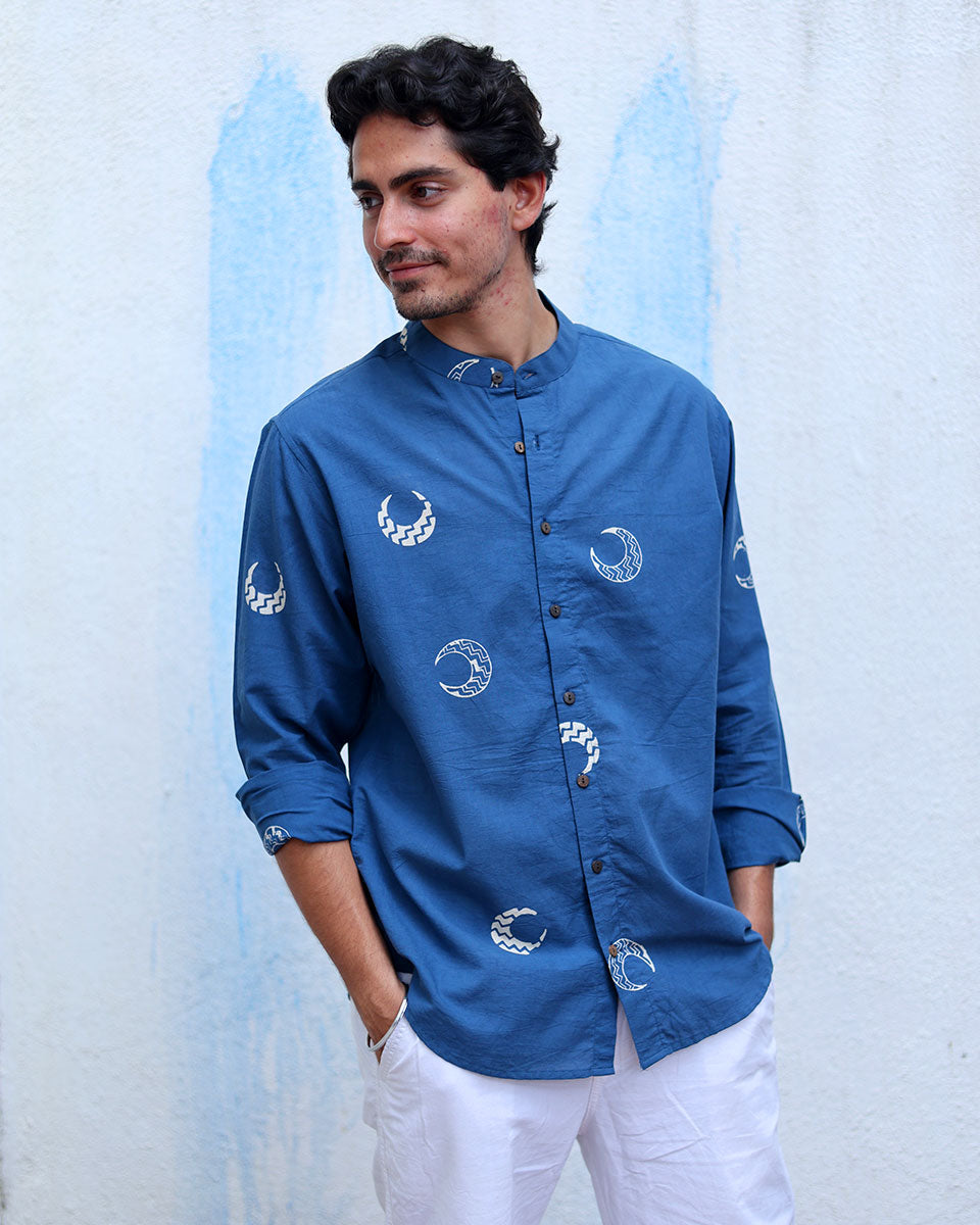 Moh Blue Hand Block Print Cotton Shirt -TOF