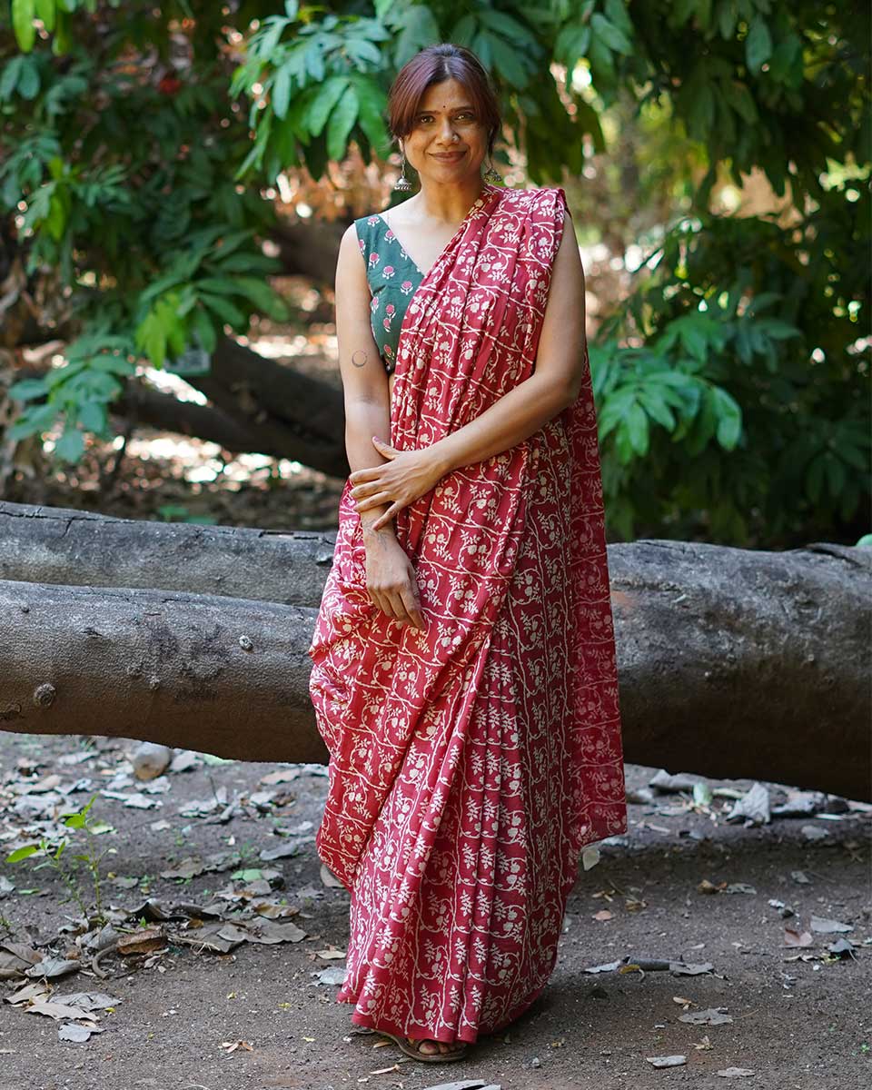 Summer At Nani’s Rust Red Hand Block Printed Cotton Saree - UMT