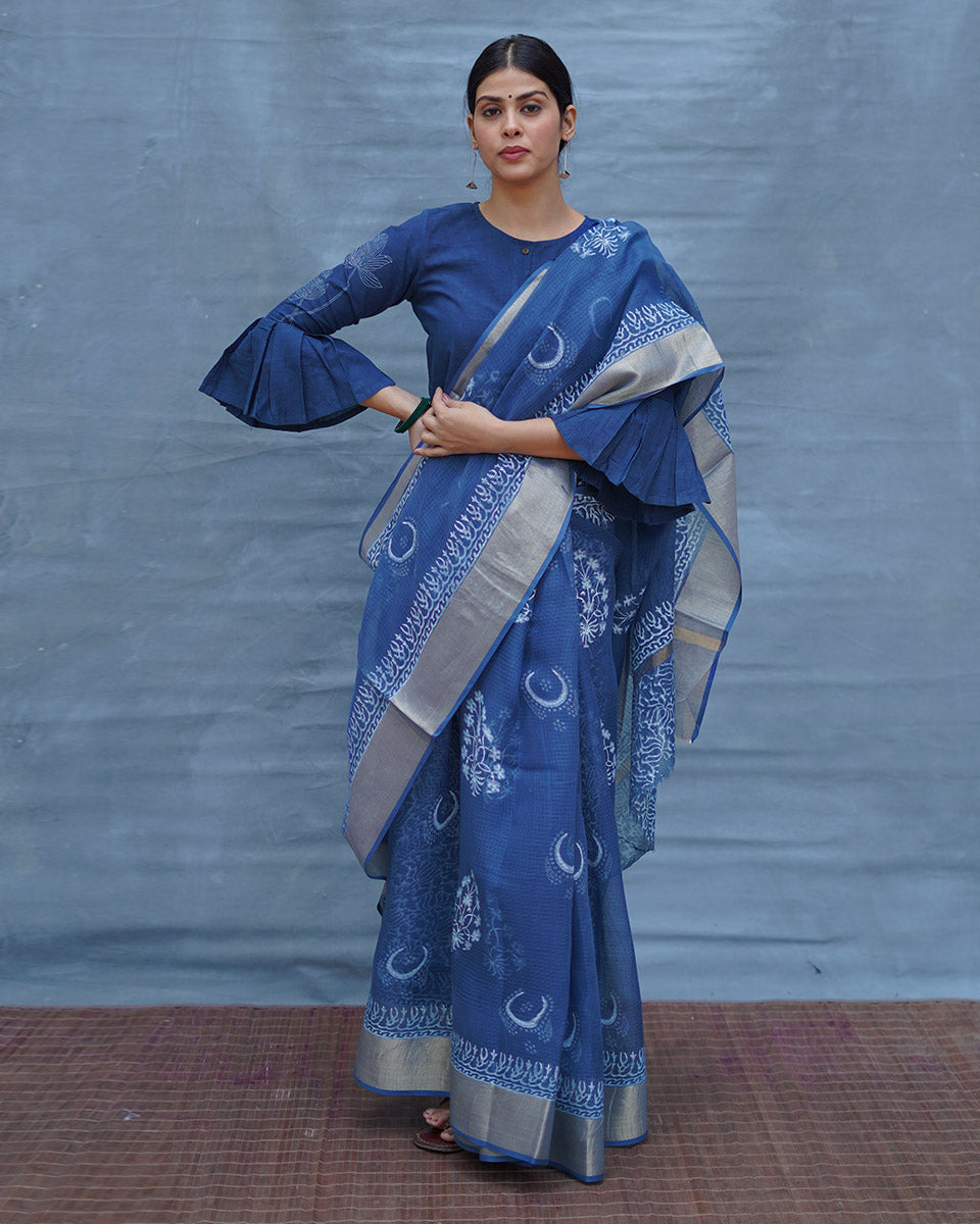 Moon water Blue Block Printed Kota Doria Saree - INDI