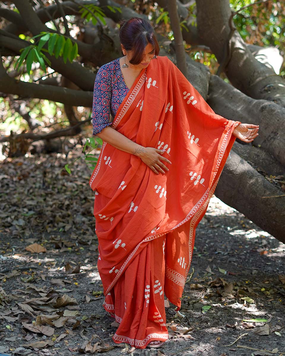 Sunlit Afternoons Orange Hand Block Printed Cotton Saree - UMT