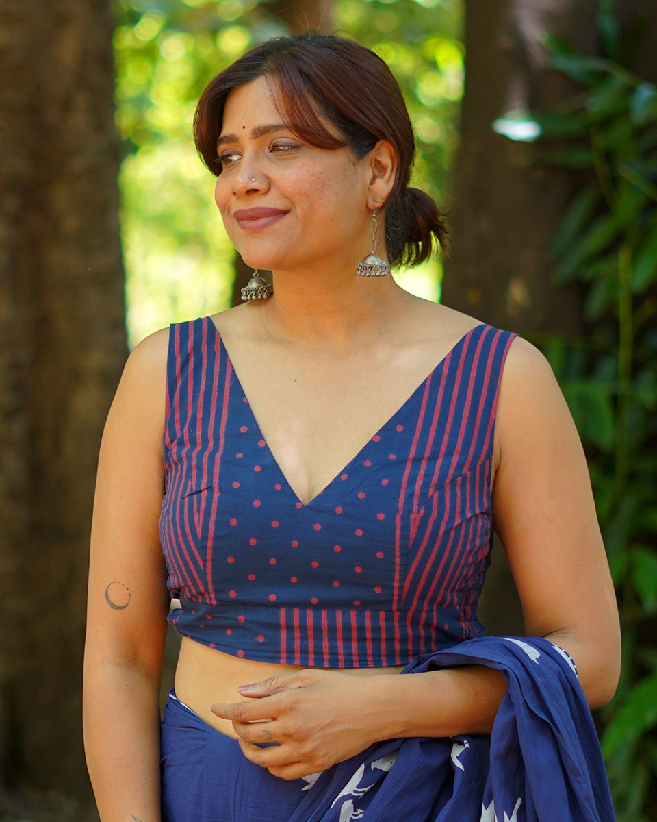 Playing till sunset Indigo Hand Block Printed Cotton Blouse - UMT