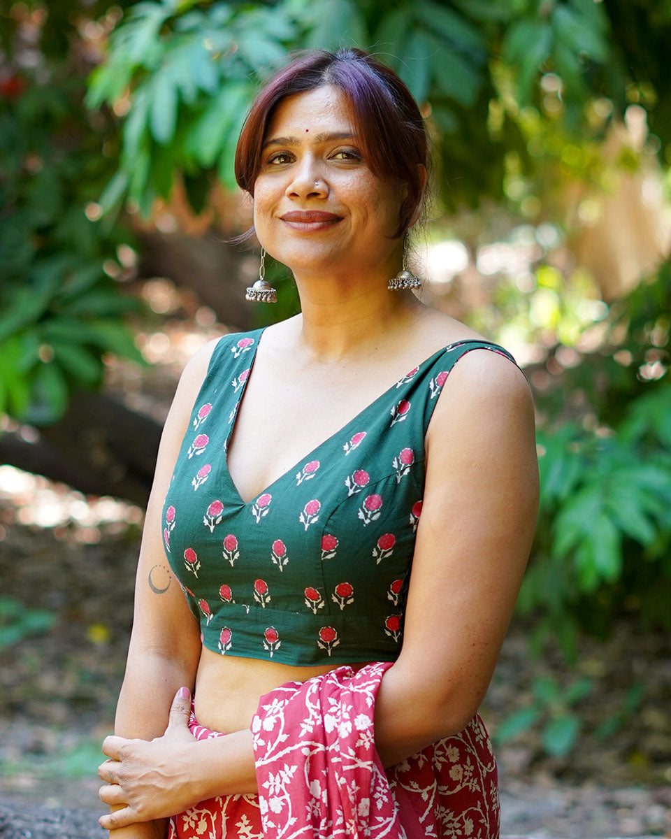 Watching kites fly Green Hand Block Printed Cotton Blouse - UMT