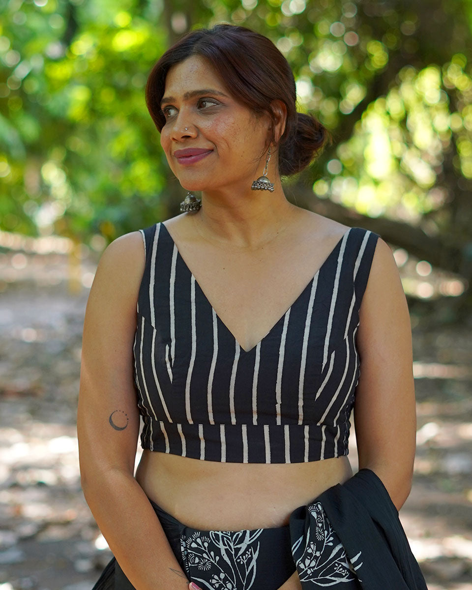 Cool Breeze Black Hand Block Printed Cotton Blouse - UMT