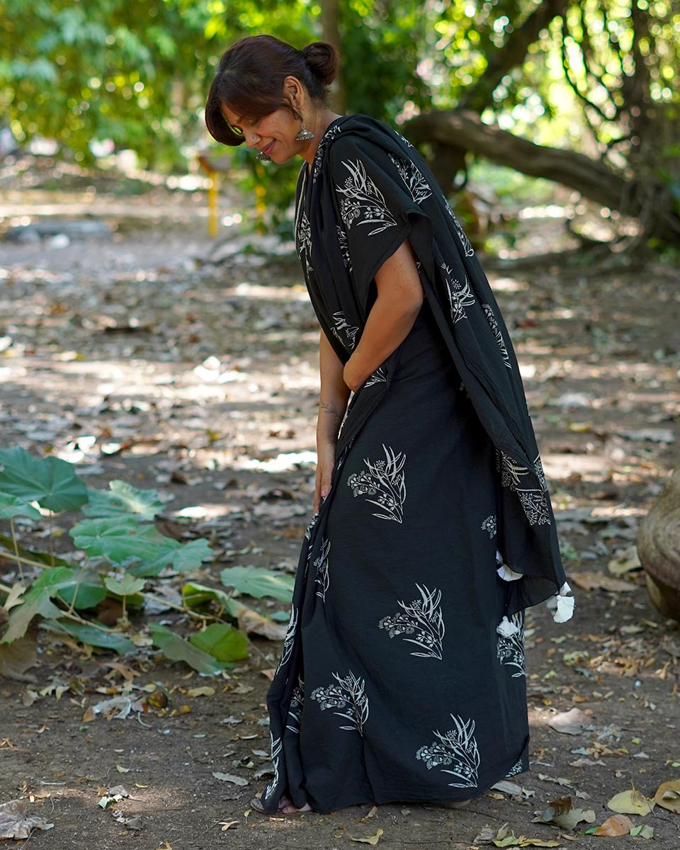 Afternoon Nap Black Hand Block Printed Cotton Saree - UMT