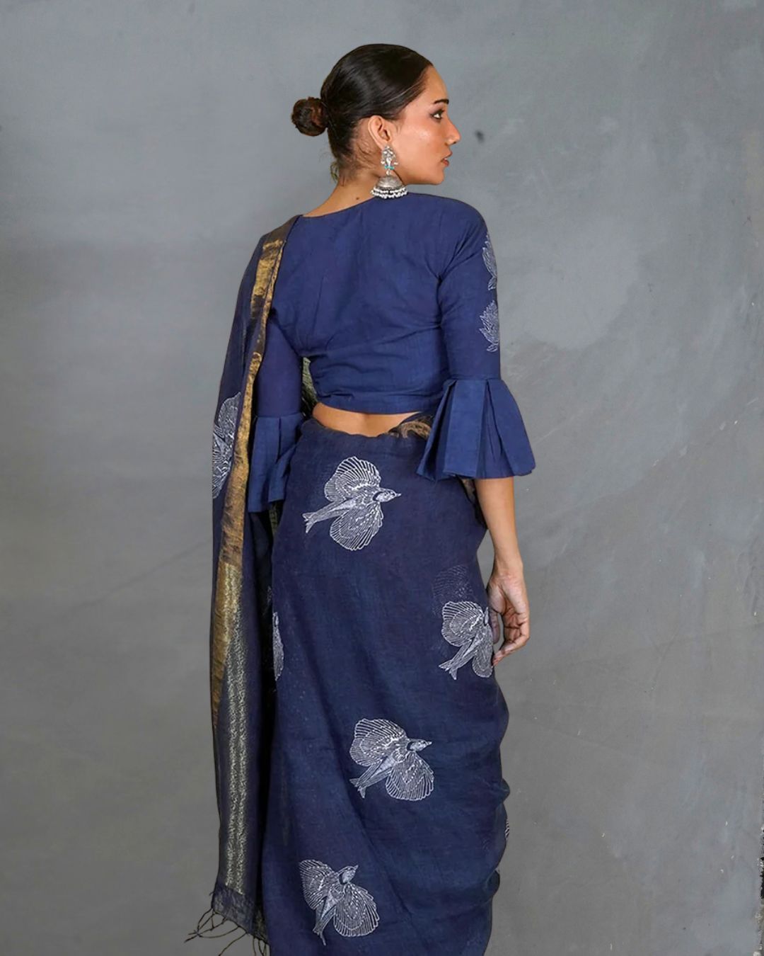 Rasiya Blue Handblock Print Linen Saree - INDI
