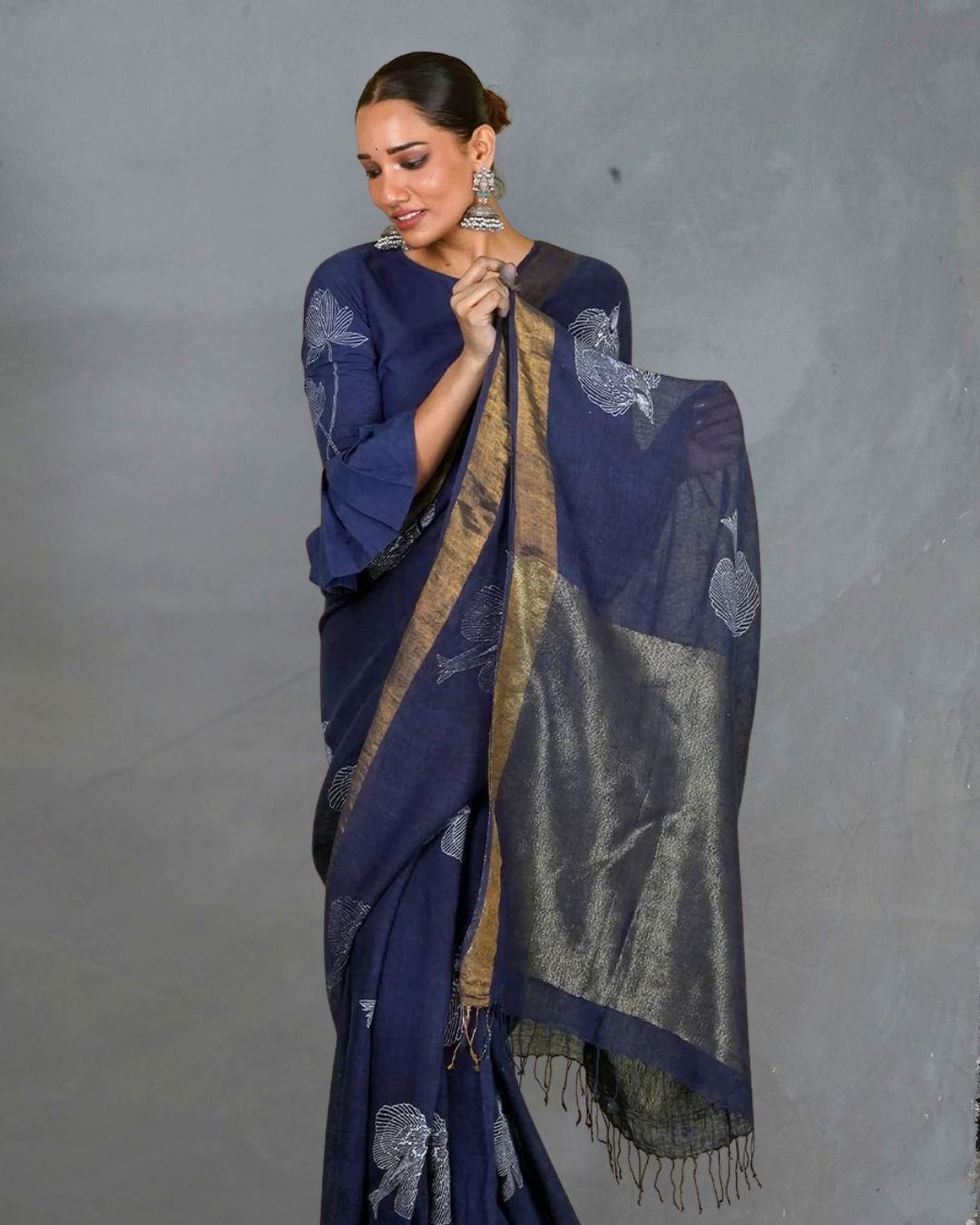 Rasiya Blue Handblock Print Linen Saree - INDI