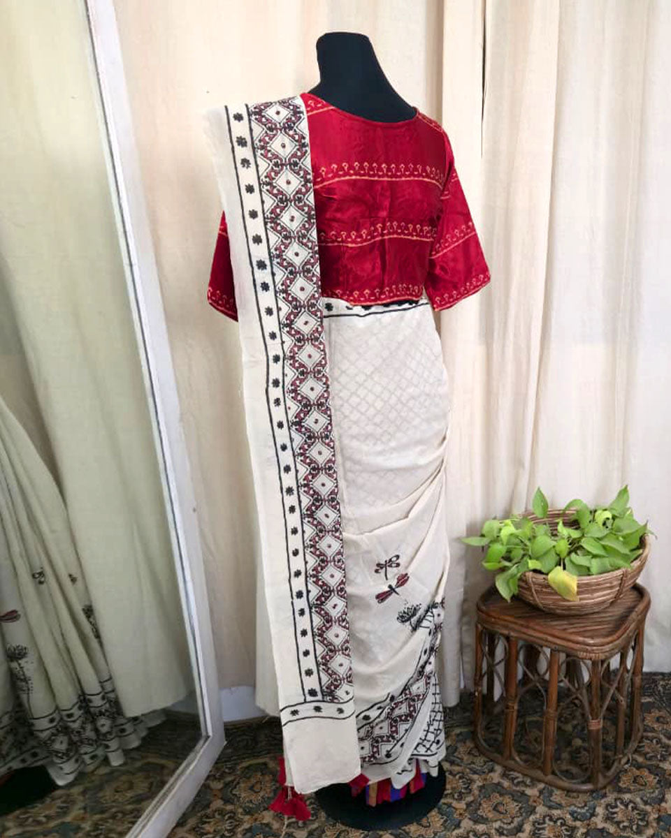 River Song White handblock printed cotton Saree - Love Despite