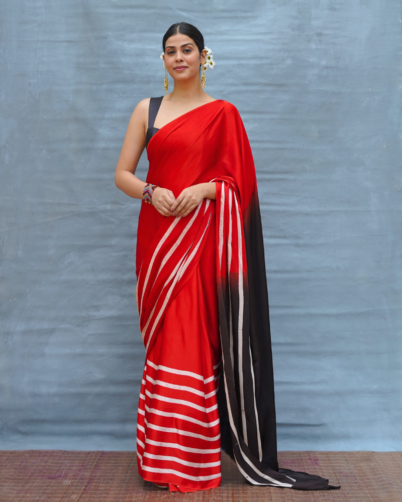 Soft Drift Red Handblock Print Modal Silk Saree - Flow
