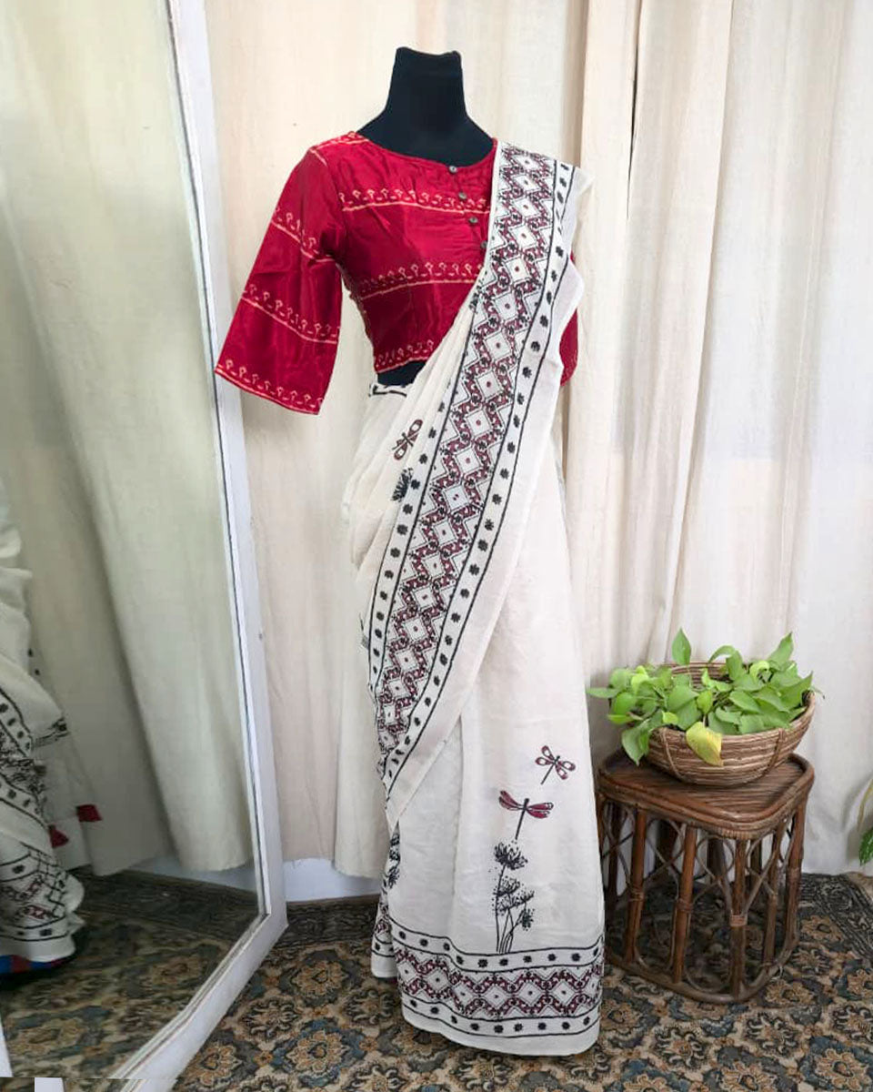 River Song White handblock printed cotton Saree - Love Despite