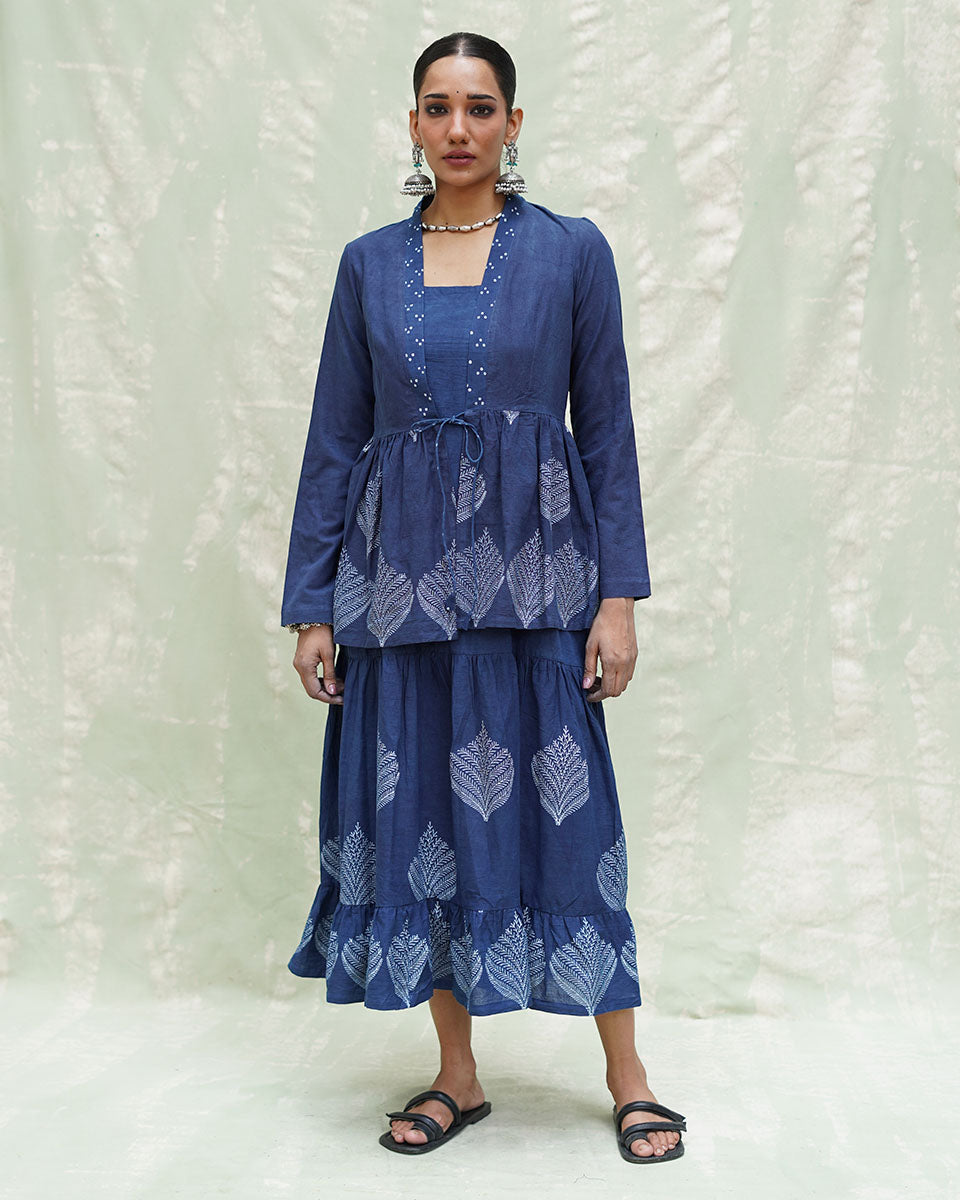 Vihang Blue Handblock Print Cotton Jacket - INDI