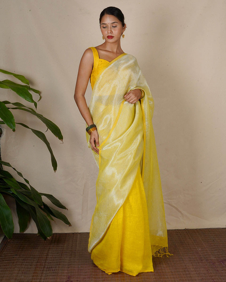 Jasnoor Yellow Handwoven Linen Zari Saree - Eknoor