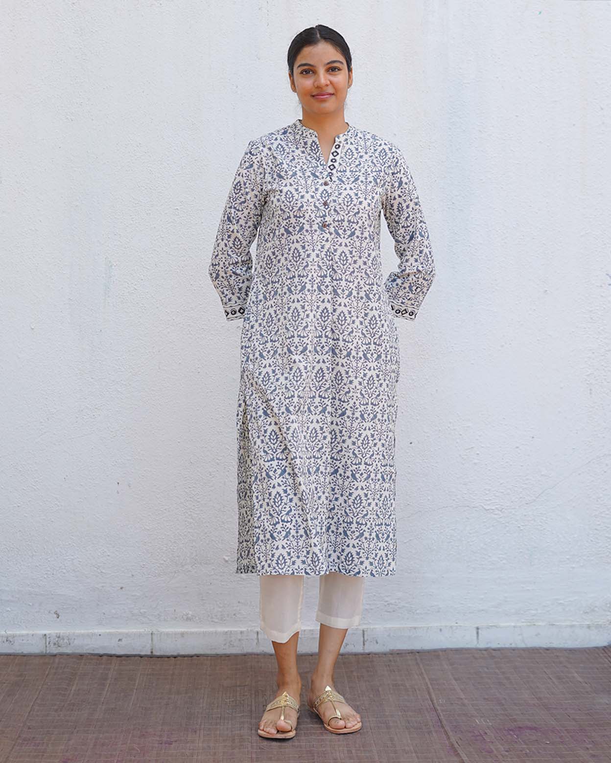 Monsoon Sea Grey Block Printed Cotton Kurti - BMS