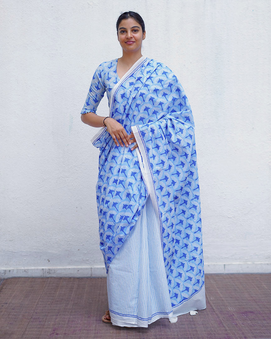 Maya Blue Hand Block Printed Saree-BAD