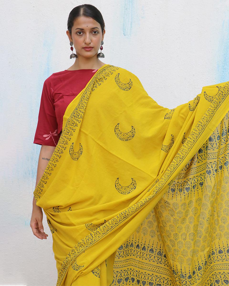 Daisy Handblockprinted Cotton Saree - Fmtm