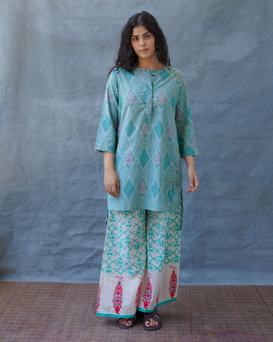 Tenderness of Tulips Teal Green Block Printed Kurti - MMG