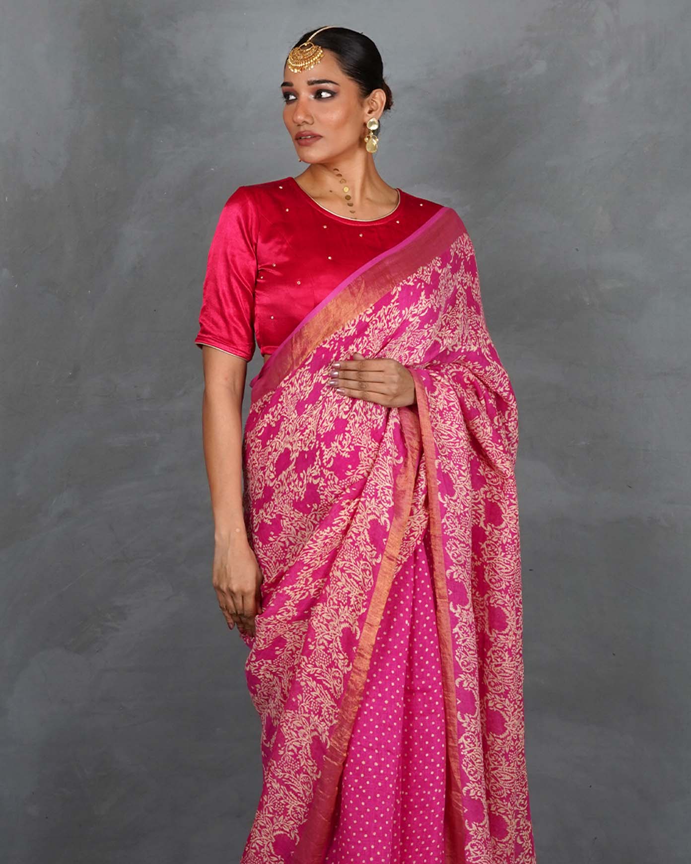 Fiza Pink Handblock Linen Saree - TARA