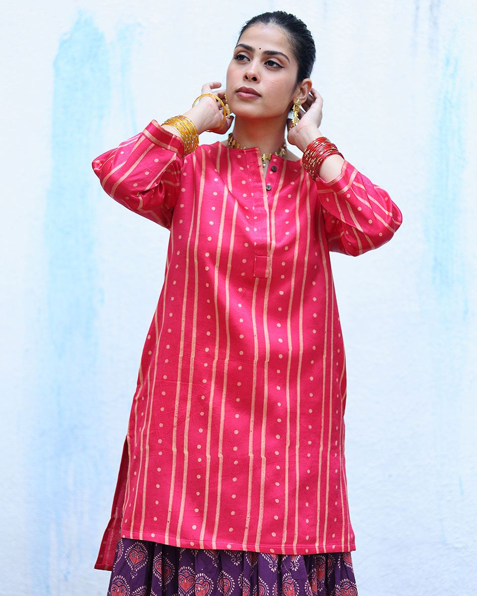 Kiran Pink Handblock Print Mashru Silk Kurta - RSH