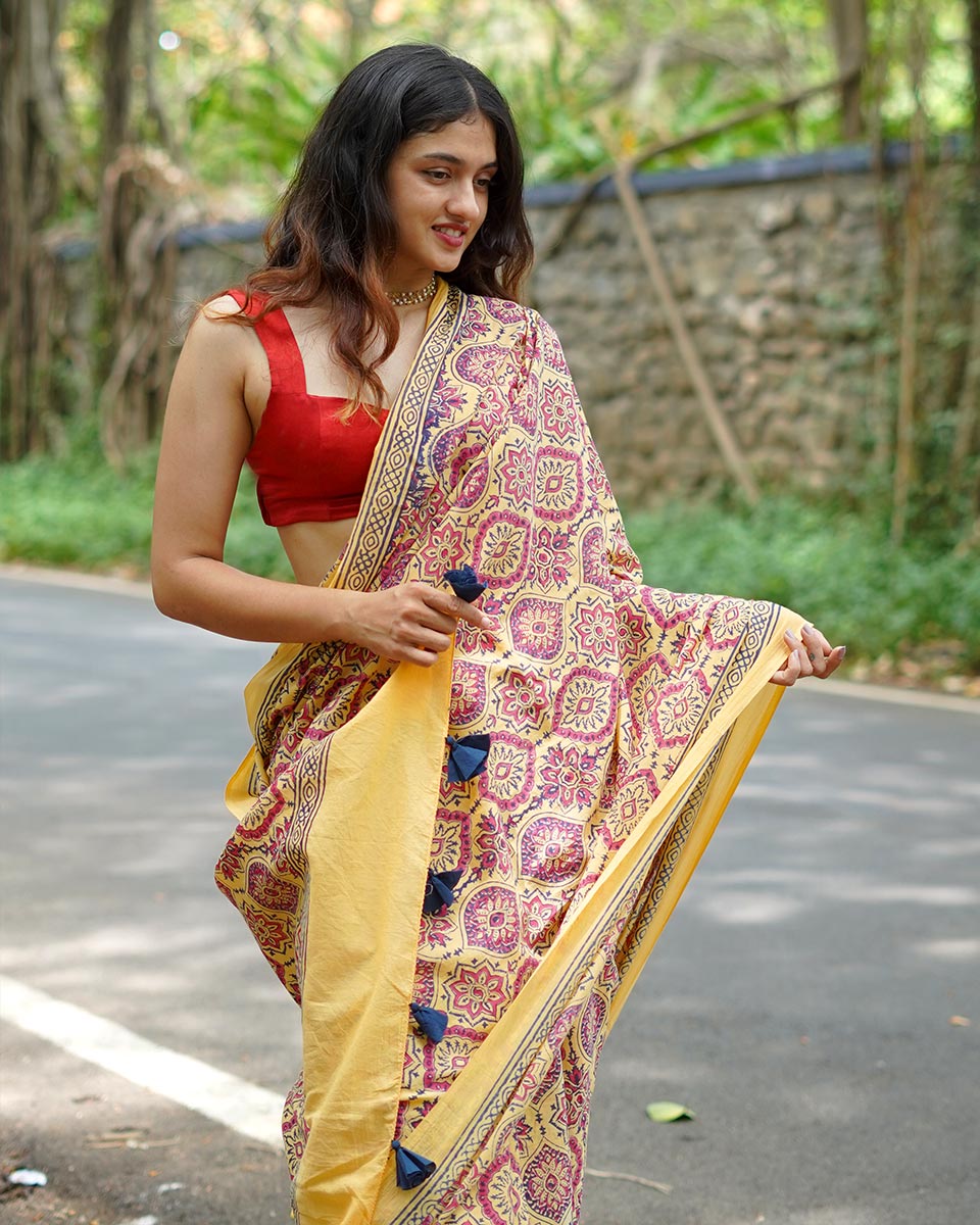 Chikoo Shake Mustard Yellow Handblock Print Cotton Saree - PBC