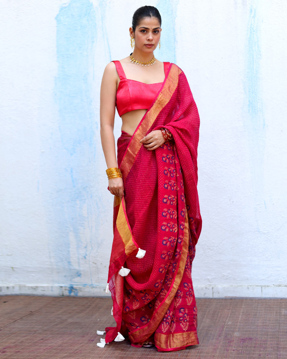 Mehr Pink Handblock Print Linen Saree - RSH