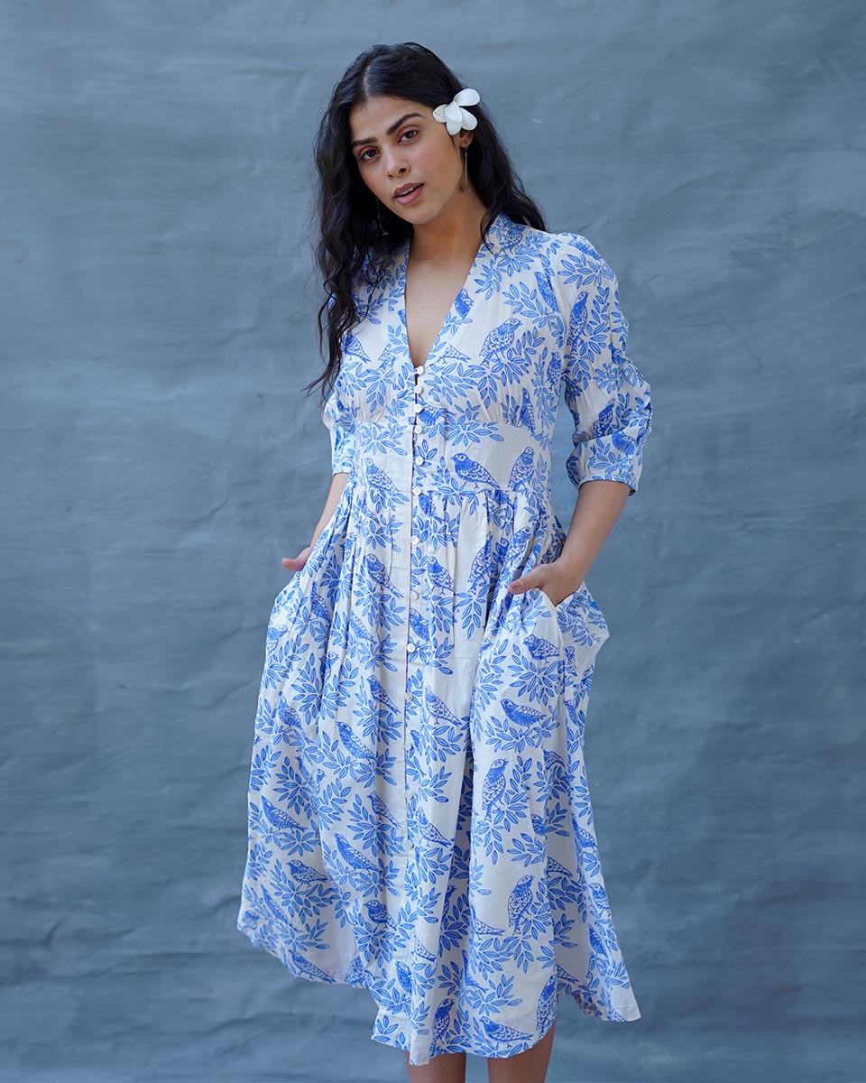 Neyra Ivory Blue Hand Block Printed Dress-BAD