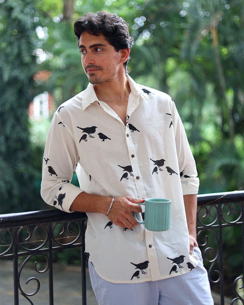 Aabhas White Hand Block Print Cotton Shirt -TOF