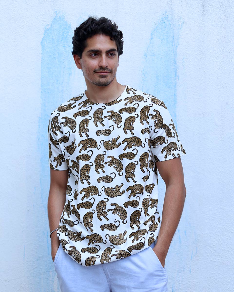 Manzar White Hand Block Print Cotton T- Shirt - TOF