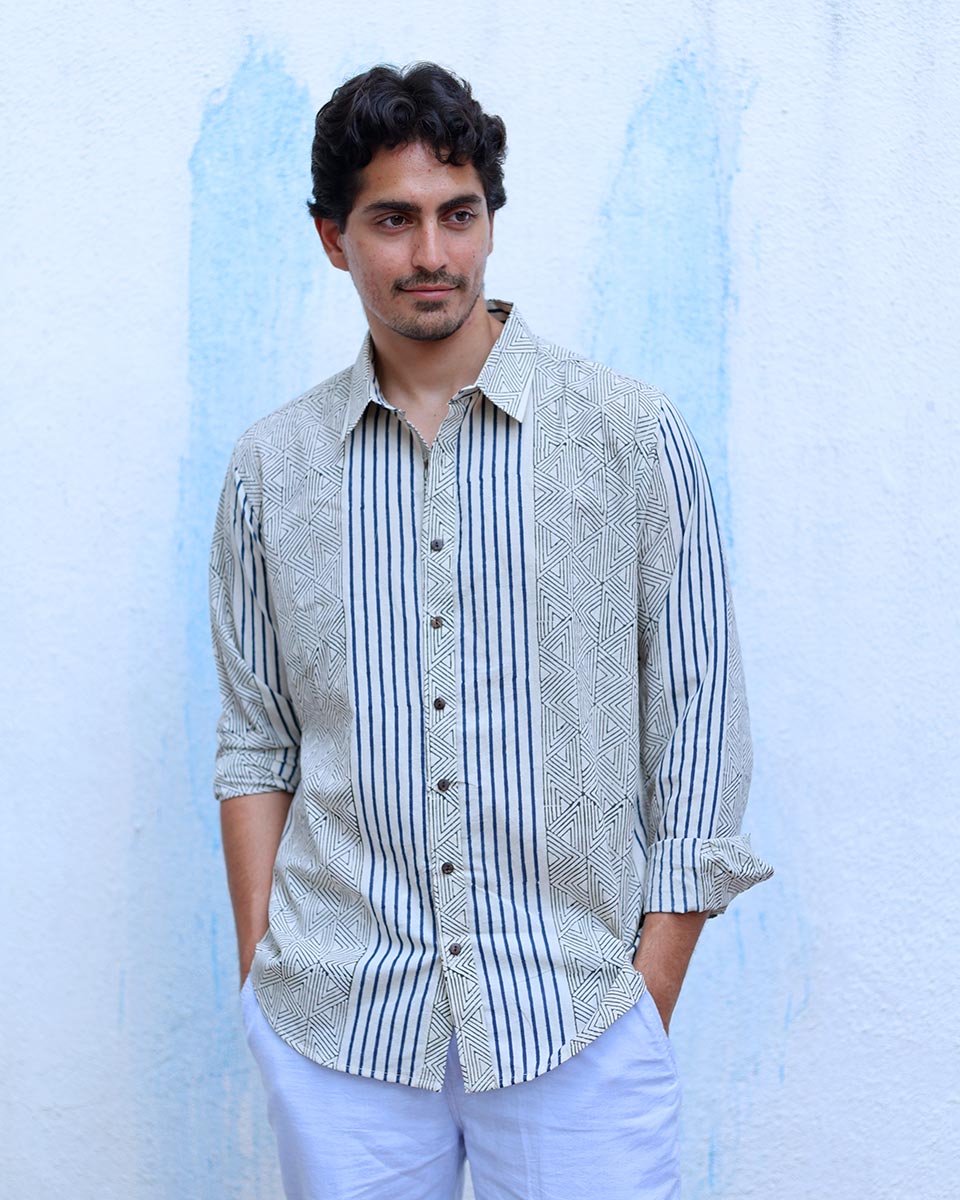 Veer Ivory White Hand Block Print Cotton Shirt -TOF