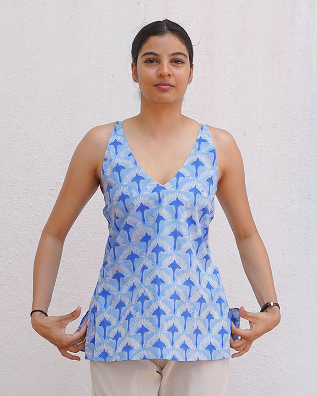 Varsha Ivory Blue Hand Block Printed Top-BAD