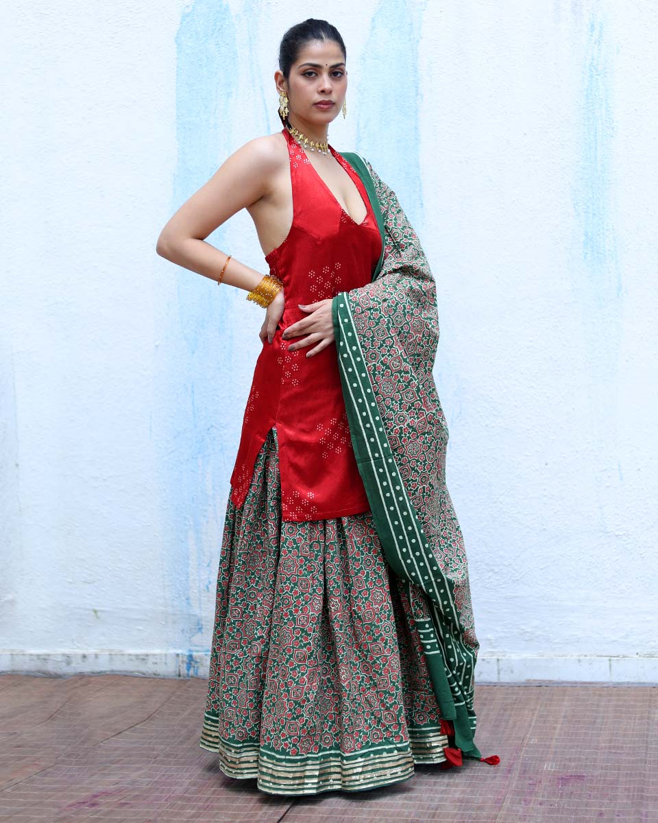 Umeed Green Handblock Print Cotton Dupatta - RSH