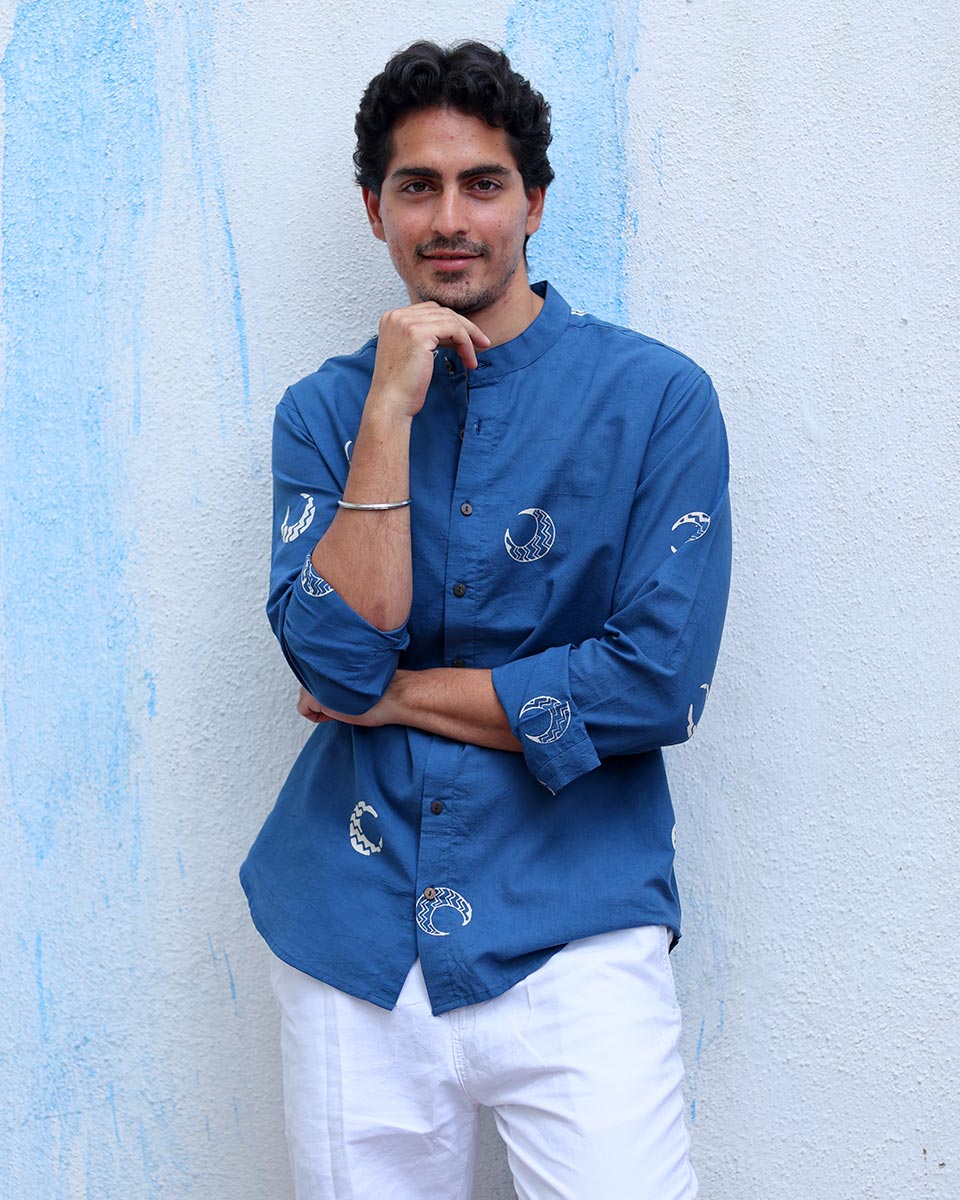 Moh Blue Hand Block Print Cotton Shirt -TOF