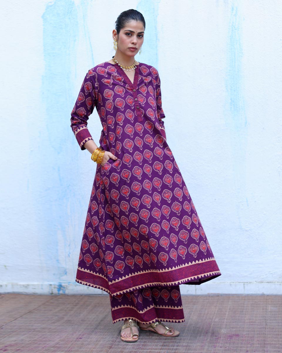 Jugni Purple Handblock Print Cotton Kurta Set - RSH