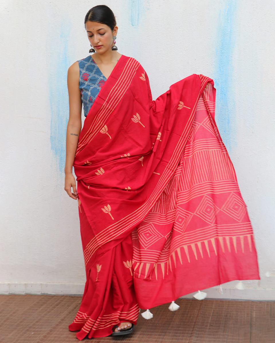 Crimson Handblockprinted Cotton Saree - Fmtm