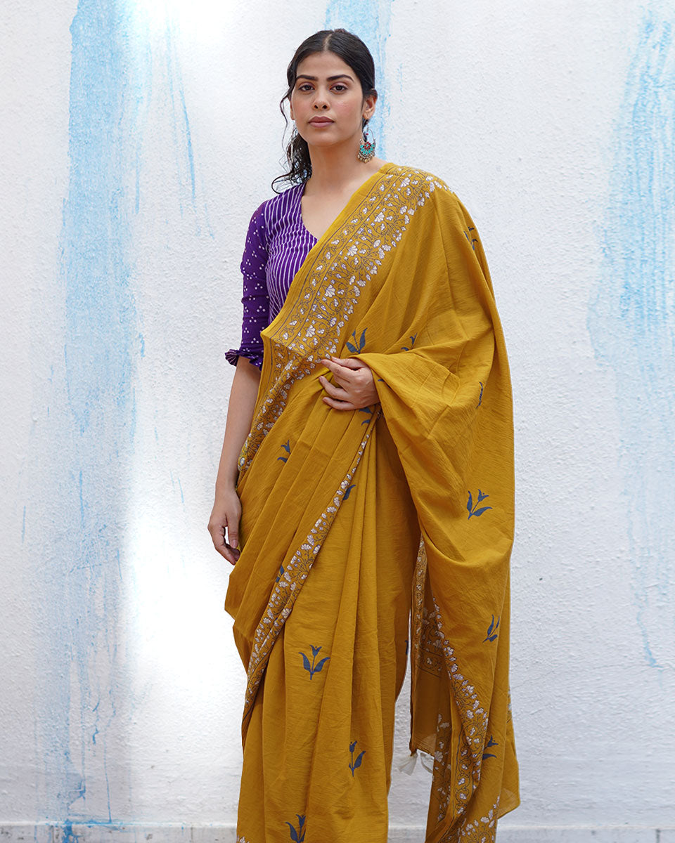 Manchali Mustard Yellow Handblock Print Cotton Saree - BFG