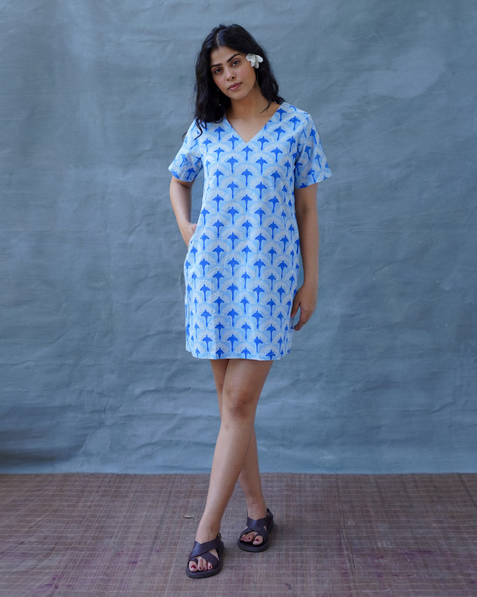 Ira Blue Hand Block Printed Dress-BAD
