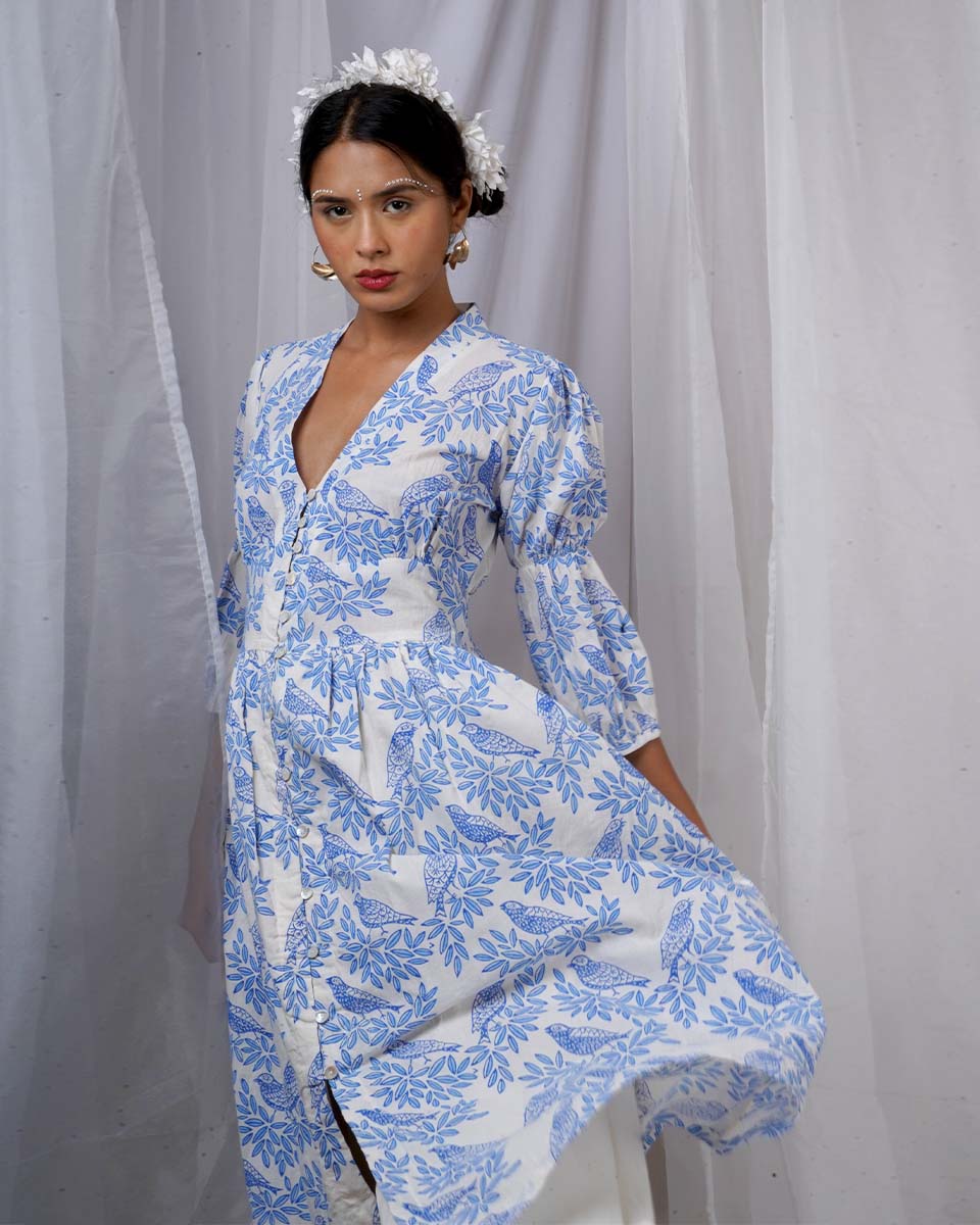 Neyra Ivory Blue Hand Block Printed Dress-BAD