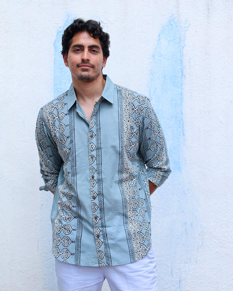 Mehrun Blue With Grey Hand Block Print Cotton Shirt - TOF
