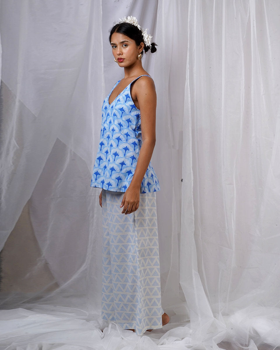 Varsha Ivory Blue Hand Block Printed Top-BAD