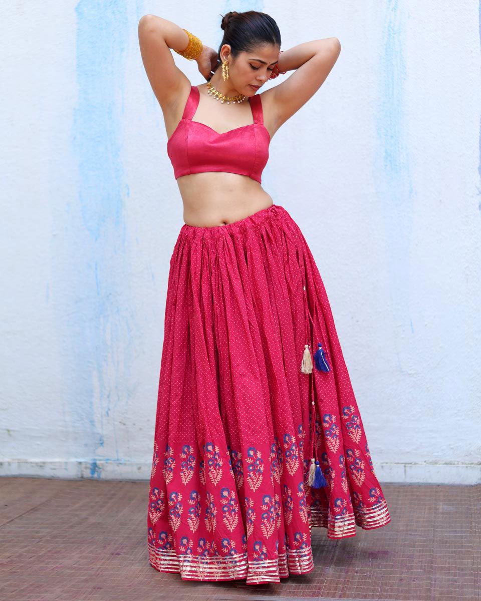 Chamak Pink Handblock Print Cotton Ghagra - RSH