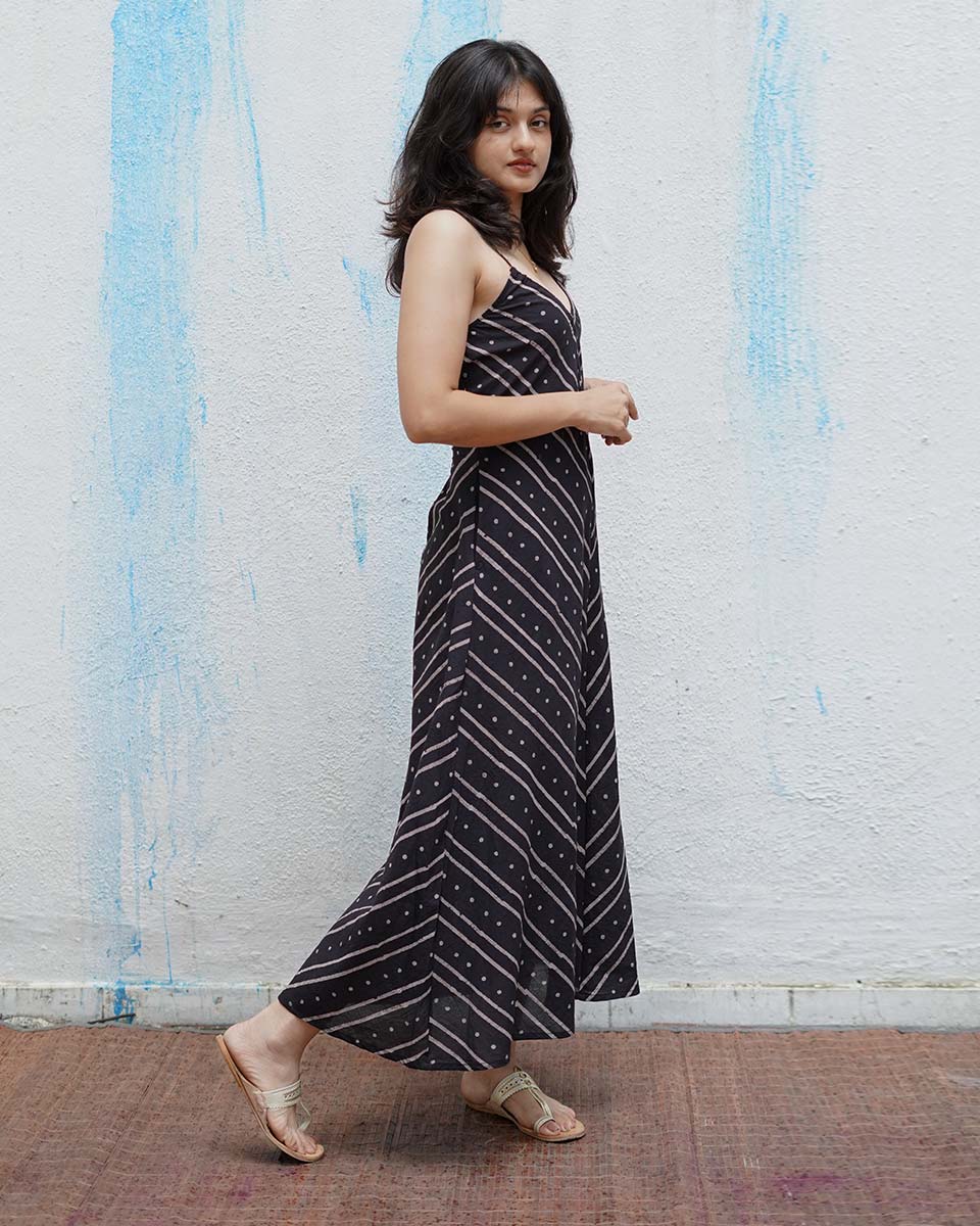 Snow Moon Black Handblock Print Cotton Dress - MNCH