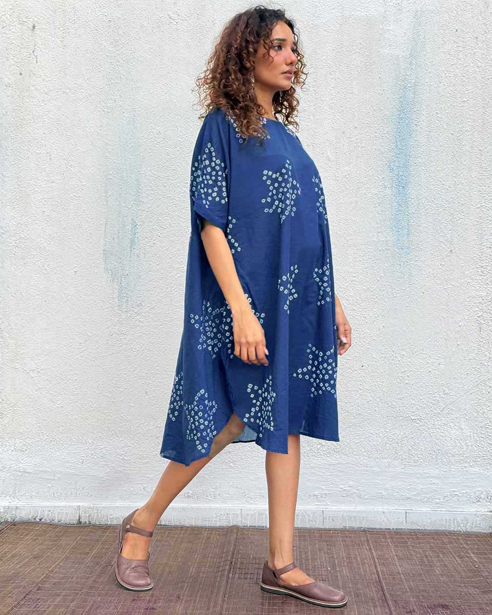 Blue Me Away Bandhej Cotton Dress - Freesize