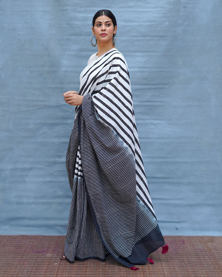 Black or White Handblock Print Cotton Saree - M&M
