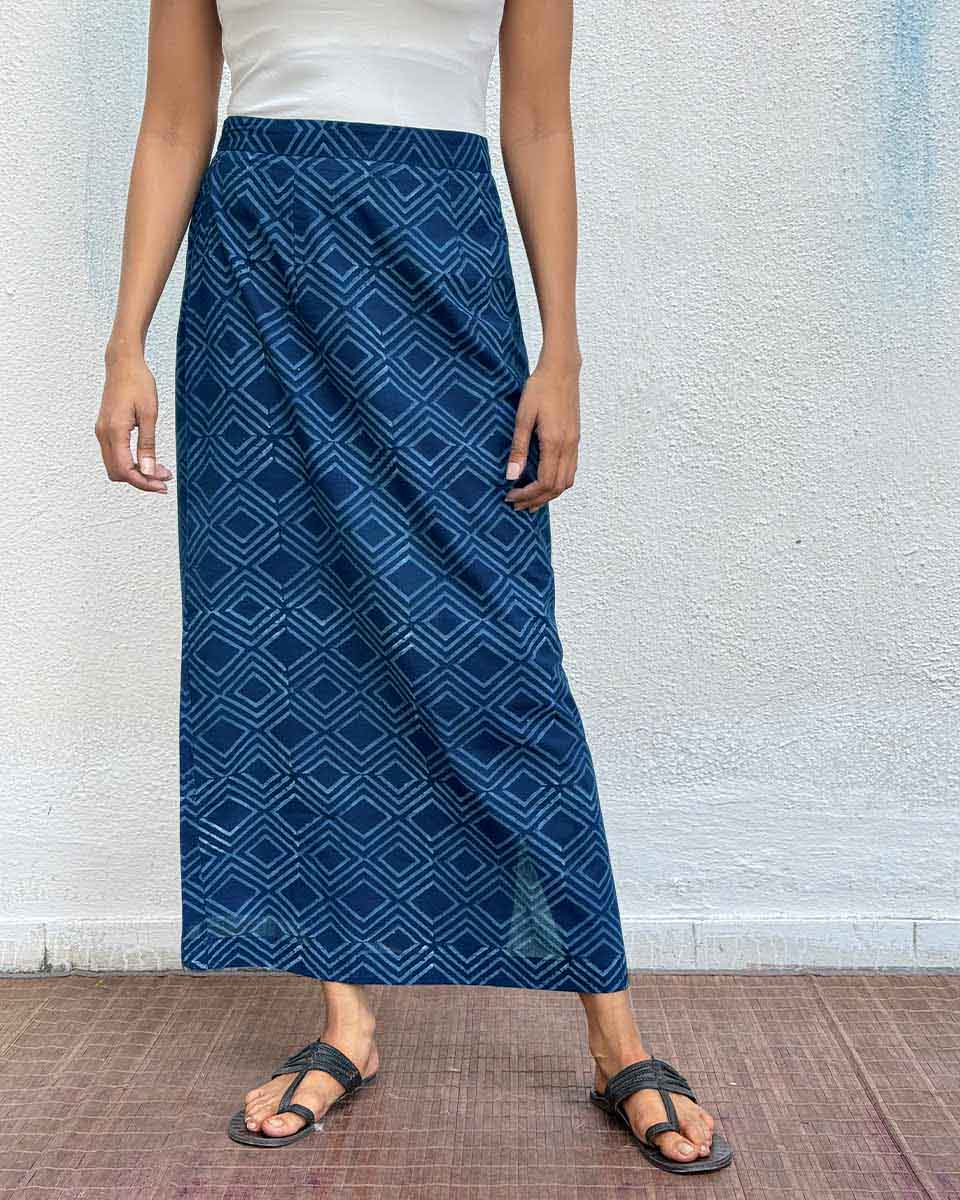 Indigo Bunting Blockprinted Cotton Skirt