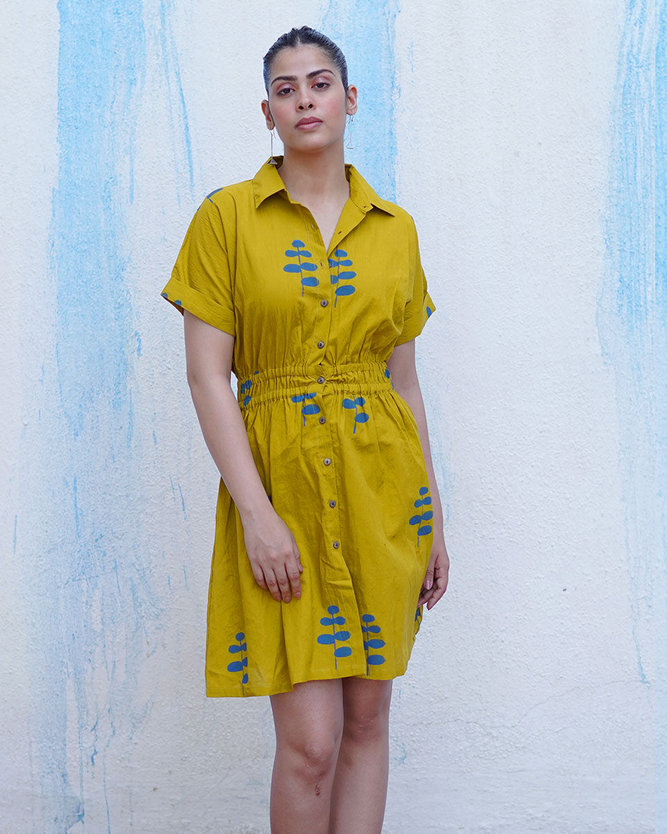 Chanchal Mustard Yellow Handblock Print Cotton Dress - BFG
